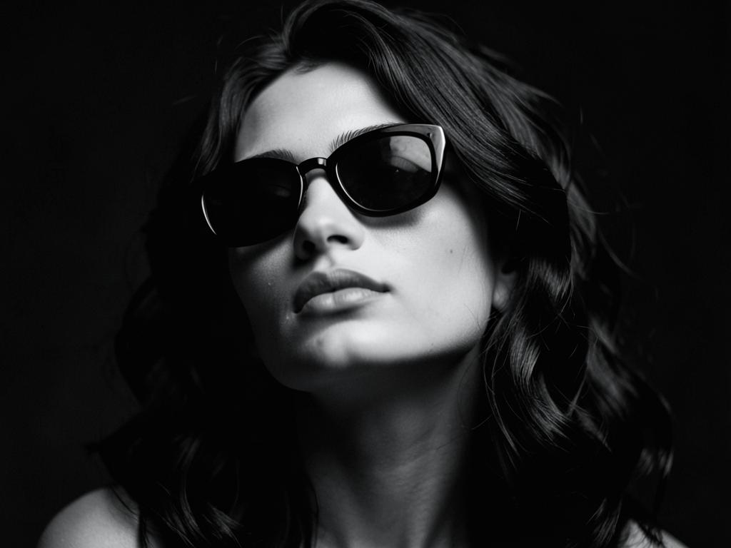 Portrait noir et blanc d'une femme portant des lunettes de soleil