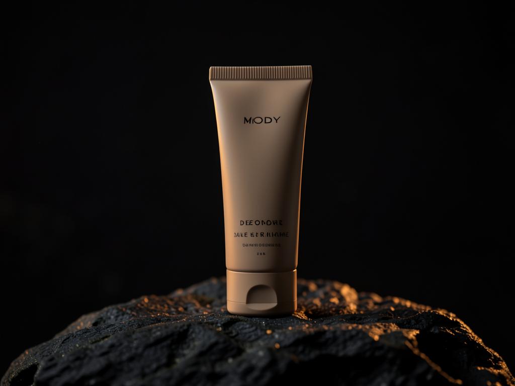 Produit cosmétique photographié sur un rocher sombre